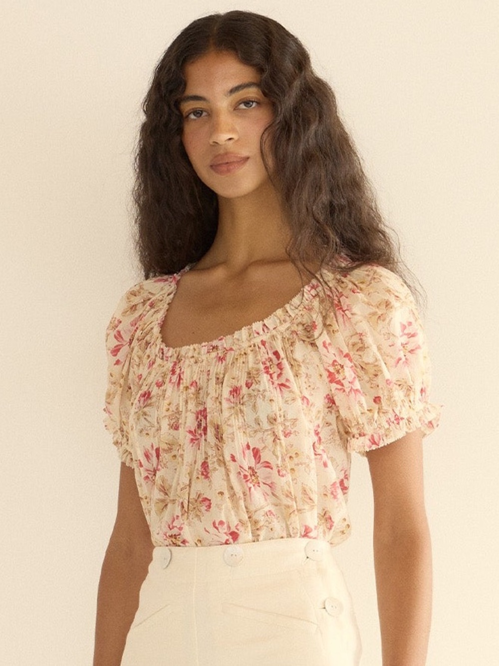 Doen Frederica Cotton Voile Pintuck Ruffle Short Sleeve Top Fleurs De Provence - Picture 3 of 11